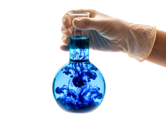 Hand in glove adding blue liquid to round flask isolated on transparent background