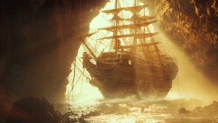 A vivid portrayal of a ship emerging from a cavernous sea, bathed in a golden hue. The ship, with its intricate hull and multiple masts, stands tall amidst the vast expanse of the sea.