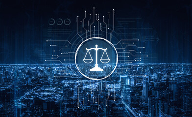Futuristic digital law interface displaying justice scale, highlighting digital law, AI compliance,...