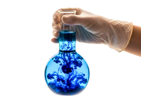 Hand in glove adding blue liquid to round flask isolated on transparent background