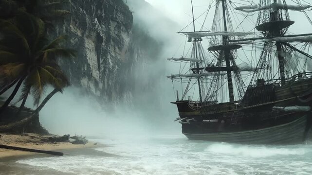 Aerial view of a sailing ship in a misty sea, with its masts and rigging visible. The ships hull is dark, with white superstructure and sails, and it appears to be in motion.