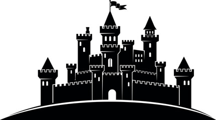 Black silhouette vector of a grand medieval castle with turrets and flag, symbolizing fantasy, royalty, security, history, and fairytale architecture logo. © Masud World