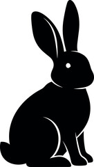 Black silhouette vector of a sitting rabbit or bunny with long ears and white eye, ideal for Easter, wildlife logo, and pet graphic design.