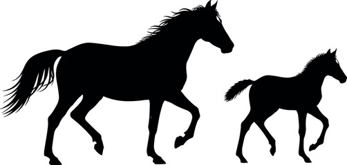 Black silhouettes of a horse and a young foal trotting, symbolizing motherhood, equestrian sport, farm life, freedom, and animal breeding vector.