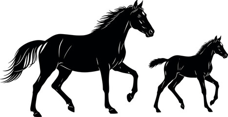 Black silhouettes of a horse and a young foal trotting, symbolizing motherhood, equestrian sport, farm life, freedom, and animal breeding vector.