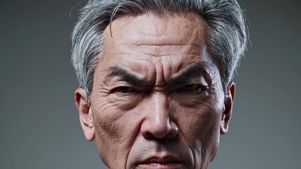 Intense expression of mature man. Close-up shot showcases strong emotions and deep character. Powerful portrait captures serious mood and dramatic lighting.