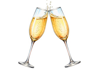 Two champagne flutes clinking together isolated on transparent background