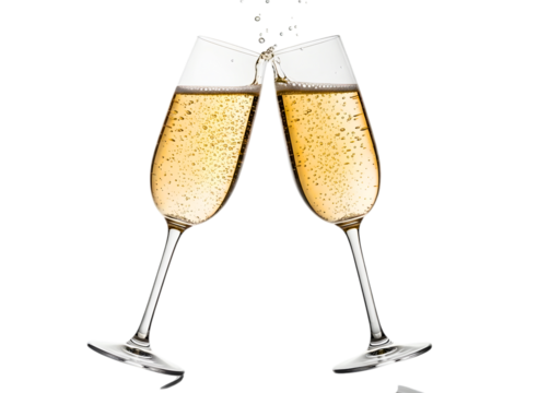 Two champagne flutes clinking with bubbles isolated on transparent background