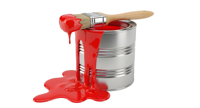 Title: 3D Red Paint Can with Brush, Art and Renovation Concept
