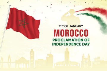 Morocco Flag Waving With Army Soldier and Air Show On Skyline Background. Independence Day Concept Design Vector Illustration.