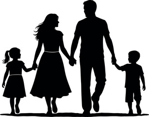 Silhouette of a happy family, father, mother, daughter, and son, walking together hand-in-hand, symbolizing love, security, and togetherness.