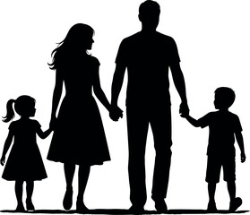 Silhouette of a loving family, father, mother, daughter, and son, walking together hand-in-hand, symbolizing happiness, unity, and parental bond.