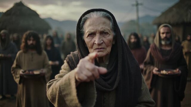 An old witch woman points her finger forward and says spells, while behind her stand poor people, hungry, with empty plates