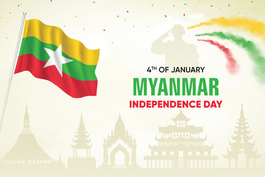 Myanmar Flag Waving With Army Soldier and Air Show On Skyline Background. Independence Day Concept Design Vector Illustration.