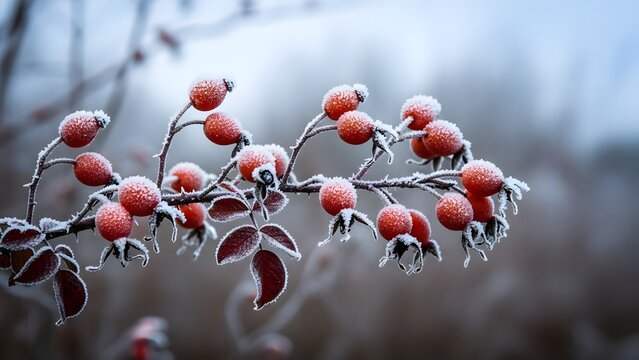 Frozen red rose hips covered in white hoarfrost on a thorny branch during a cold winter day - Powered by Adobe