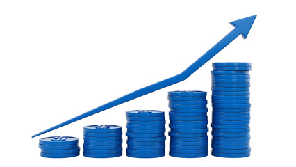 Title: 3D Blue Coin Stacks with Upward Arrow, Financial Growth and Investment Success
