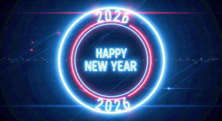 Glowing neon happy new year 2026 message with digital futuristic light background isolated on white background, Vector