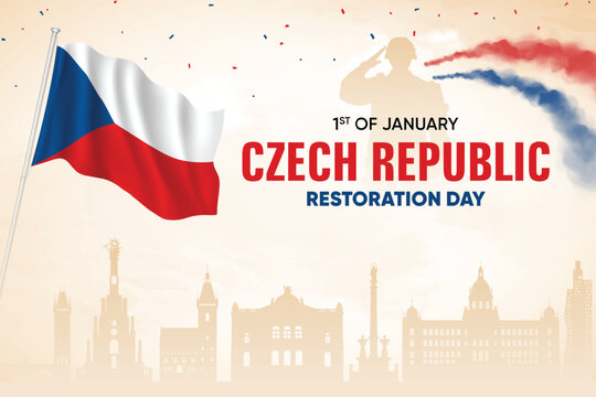 Czech Republic Flag Waving With Army Soldier and Air Show On Skyline Background. Restoration Day Concept Design Vector Illustration.