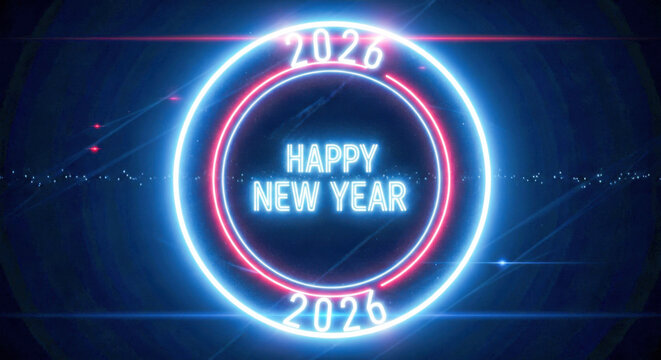 Glowing neon happy new year 2026 message with digital futuristic light background isolated on white background, Vector