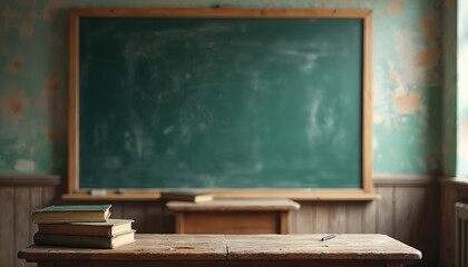Old classroom interior photo. Empty blackboard books and wooden desk. Grunge wall texture gives retro feel. Back to school concept vintage education space.