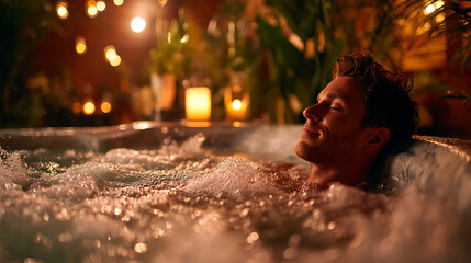 spa scene showing man enjoying bubble bath with warm ambient lighting, candles, tranquil environment, calm wellness therapy, serene atmosphere and rejuvenation for healthy lifestyle indulgence