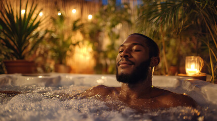 spa scene showing man enjoying bubble bath with warm ambient lighting, candles, tranquil environment, calm wellness therapy, serene atmosphere and rejuvenation for healthy lifestyle indulgence