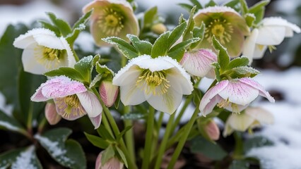 Frosted Hellebore flowers blooming in winter snow, detailed view of frozen Christmas Rose or Lenten Rose petals in a garden