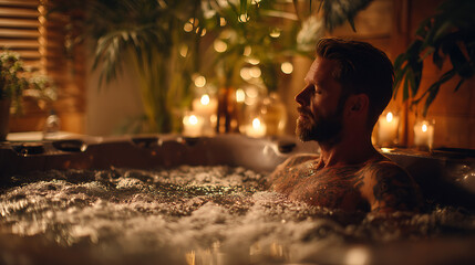 spa scene showing man enjoying bubble bath with warm ambient lighting, candles, tranquil environment, calm wellness therapy, serene atmosphere and rejuvenation for healthy lifestyle indulgence