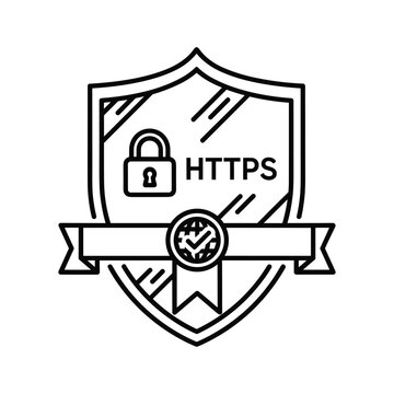 Black and white line art icon of a shield with padlock and https