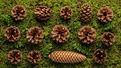 Natural pine cones arranged on green moss background, forest floor texture flat lay for autumn and winter decoration