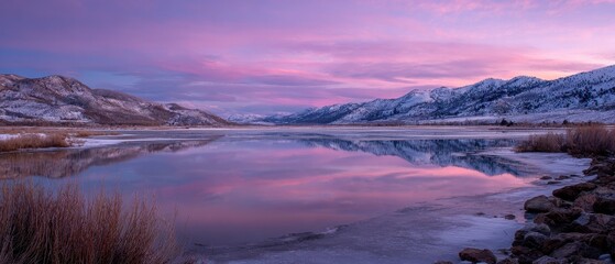 Fototapeta premium Ethereal Purple Twilight Reflected in Serene Mountain Lake, Snow-Capped Peaks Framing a Dreamlike Landscape.