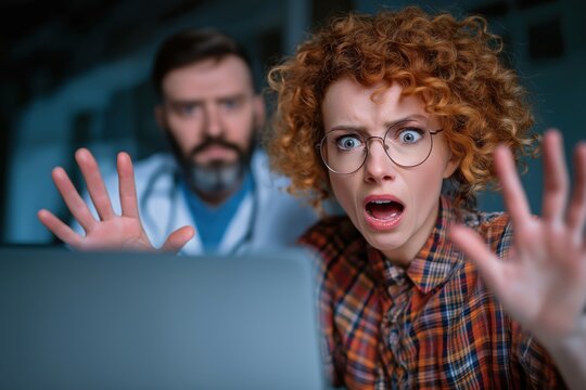 Terrified Female Patient Sees Something Scary on Laptop with Doctor