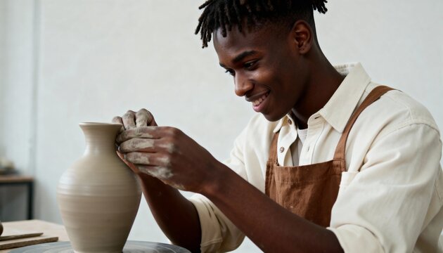 A smiling young Black artist shaping a clay vase on a pottery wheel. Male artisan creating handmade ceramics in a workshop. Creative hobby and craftsmanship concept
