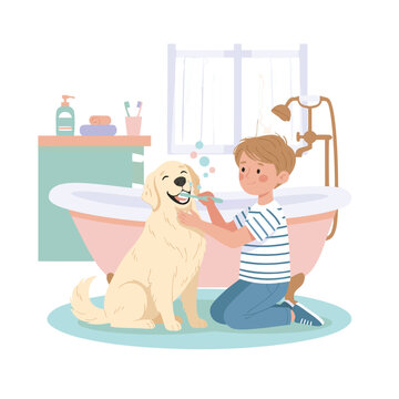 Young Boy Brushing Golden Retriever Dog Teeth in a Bathroom Bathtub Pastel Colors Playful Scene