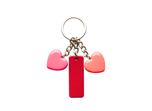 Red lipstick charm keychain with pink hearts isolated on transparent background