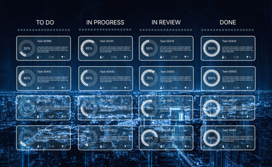 Fototapeta premium Task management tool dashboard showing kanban-style workflow with columns for to do, in progress, in review, and done, including task cards, progress, and team icons Vouch
