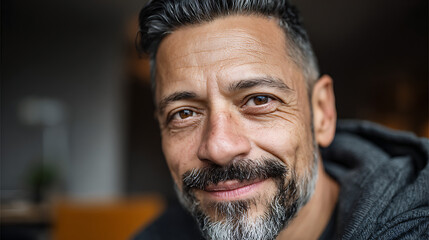 close up portrait of happy middle aged hispanic man indoors with confident relaxed smile, casual friendly pose, cheerful adult expression, lifestyle imagery, positive human portrait and professional