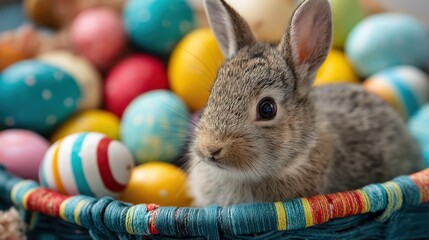 A small fluffy bunny sits in a vibrant woven basket filled with brightly colored Easter eggs. The scene captures the joy of spring and festive celebrations emphasizing a playful atmosphere.