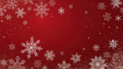 Delicate snowflakes drift gently across a bright red background evoking a cheerful and festive mood. This scene captures the magic and wonder of winter celebrations.