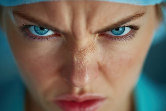 Extreme Close-Up of an Angry Female Surgeon's Frowning Eyes