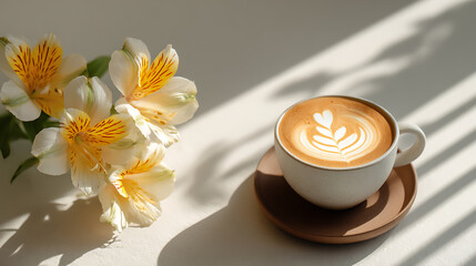 ceramic coffee cup with intricate latte art on sunlit table decorated with white and yellow lilies, creating cozy morning scene, minimalist floral decor, relaxing coffee moment and calm breakfast sett