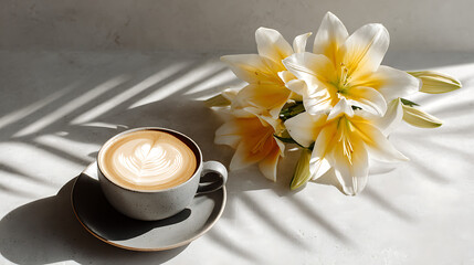 ceramic coffee cup with intricate latte art on sunlit table decorated with white and yellow lilies, creating cozy morning scene, minimalist floral decor, relaxing coffee moment and calm breakfast sett