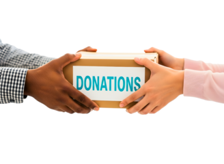 Hands passing a donation box with the word donations on it isolated on transparent background