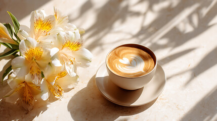 ceramic coffee cup with intricate latte art on sunlit table decorated with white and yellow lilies, creating cozy morning scene, minimalist floral decor, relaxing coffee moment and calm breakfast sett