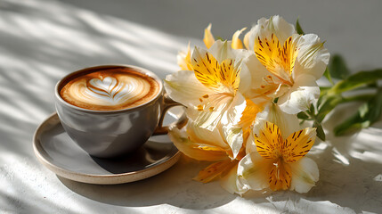 ceramic coffee cup with intricate latte art on sunlit table decorated with white and yellow lilies, creating cozy morning scene, minimalist floral decor, relaxing coffee moment and calm breakfast sett