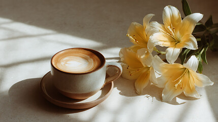 ceramic coffee cup with intricate latte art on sunlit table decorated with white and yellow lilies, creating cozy morning scene, minimalist floral decor, relaxing coffee moment and calm breakfast sett
