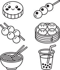 Cute Asian Street Food Icons: Vector Line Art Set of Ramen, Boba, and Dumplings
