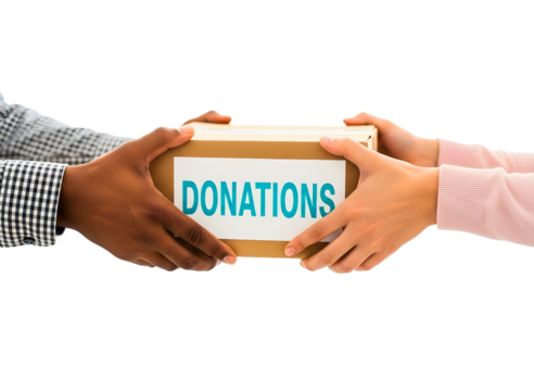 Hands passing a donation box with the word donations on it isolated on transparent background