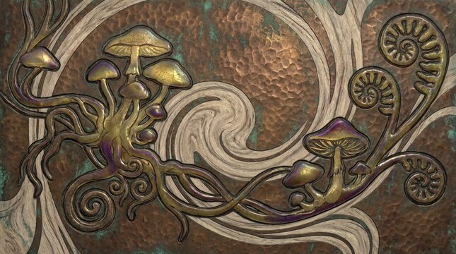 Organic metallic mushrooms and coiled ferns embossed on textured copper with patina.