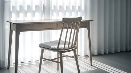 Minimalist desk and chair setting in bright room with soft light
